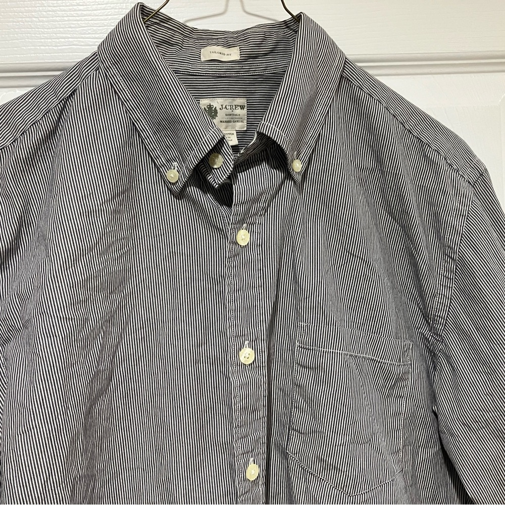 J. Crew Men's Black and White Striped Casual Shirt - Medium